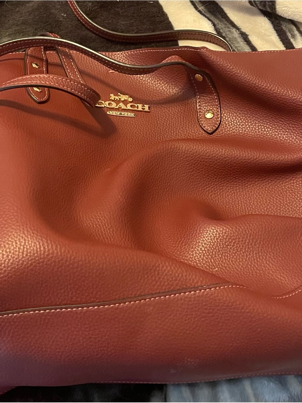 Coach Pebbled Leather Tote in Burnt Red with Gold Hardware